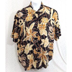 Men Hawaiian Luau Shirt 2X XXL Black Brown Orange Floral Hibiscus Button Front